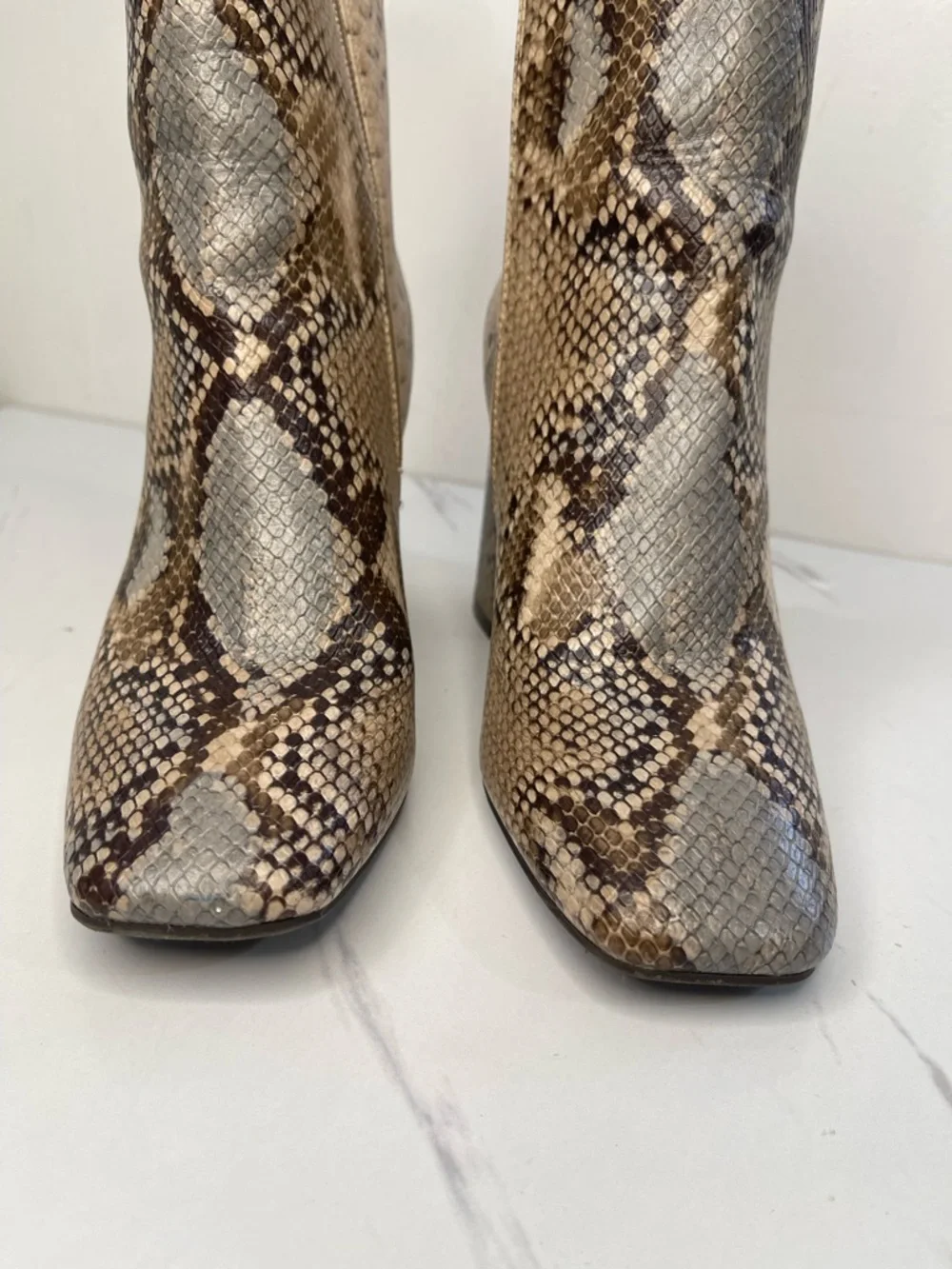 BAMBOO Snake-Print Block Heel Ankle Boots in Beige and Brown Size 7.5M
